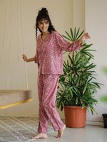 Pink Flower V-Neck Night Suit Set for Women - SanskrutiHomes
