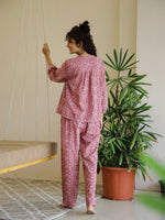 Pink Flower V-Neck Night Suit Set for Women - SanskrutiHomes