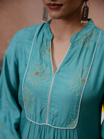 Green V-Neck Solid Print Kurta set - SanskrutiHomes
