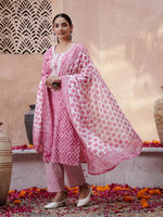Pink Floral Printed Kurta Set with Dupatta - SanskrutiHomes