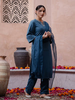 Blue Solid Velvet Kurta set with Dupatta - SanskrutiHomes