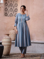 Blue Floral Printed Round Neck Kurta Set - SanskrutiHomes