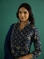 Blue Pure Cotton V-Neck Printed Kurta Set for Women - SanskrutiHomes