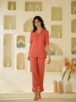 Rust Color Solid Print Satin Night Suit Set - SanskrutiHomes