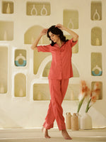 Rust Color Solid Print Satin Night Suit Set - SanskrutiHomes