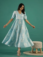 Women Blue Printed Ethnic Dress - SanskrutiHomes