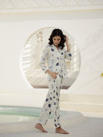Shirt Collar Printed Satin Night Suit - SanskrutiHomes