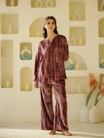 Flamingo crush velvet Night Suit for Women - SanskrutiHomes