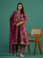 Floral Printed V-Neck Pure Cotton Anarkali Kurta With Trousers & Dupatta - SanskrutiHomes