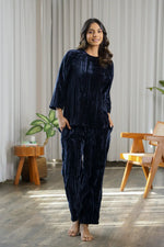 Navy Blue Crushed Velvet Night Suit - SanskrutiHomes
