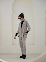 Grey Color Cashmere Strips Printed Lapel Collar Co-ords Set - SanskrutiHomes