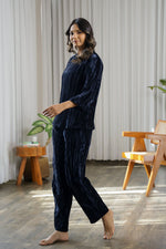 Navy Blue Crushed Velvet Night Suit - SanskrutiHomes