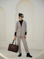 Grey Color Cashmere Strips Printed Lapel Collar Co-ords Set - SanskrutiHomes