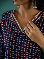Indigo Ethnic Motif Printed Cotton Straight Kurta - SanskrutiHomes