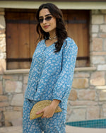 Blue Leaf Cotton Night SUIT - SanskrutiHomes