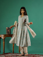 Blue V-Neck Floral Printed Kurta Set - SanskrutiHomes
