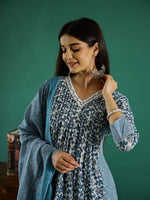 Set of 3 Blue Flower Printed Kurta Set with Dupatta - SanskrutiHomes