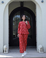 Carmine red Cotton Night Suit Set - SanskrutiHomes