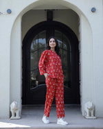 Carmine red Cotton Night Suit Set - SanskrutiHomes