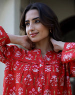 Carmine red Cotton Night Suit Set - SanskrutiHomes