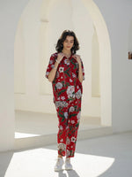 Red Floral Printed Cotton Night Suit - SanskrutiHomes