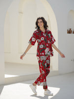 Red Floral Printed Cotton Night Suit - SanskrutiHomes
