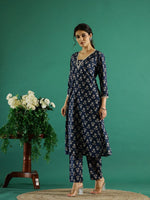 Blue Floral Printed Kurta Set - SanskrutiHomes