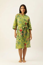 Green Pure Cotton hand printed kimono robe - SanskrutiHomes