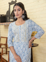 Blue Flower Printed Round Neck Cotton Kurta Set - SanskrutiHomes