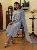 Blue Flower Printed Round Neck Cotton Kurta Set - SanskrutiHomes