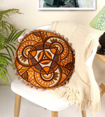 Mustard Yantra Embroidery Round Cotton Cushion - SanskrutiHomes