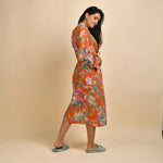Orange Pure Cotton Hand printed kimono robe - SanskrutiHomes