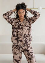 Brown Floral Print Shirt Collar Cotton Night Suit Set for Women - SanskrutiHomes