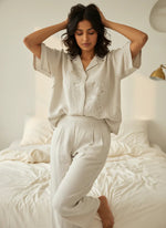 Grey Embroidered Shirt Collar Pure Cotton Night Suit Set for Women - SanskrutiHomes