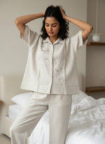 Grey Embroidered Shirt Collar Pure Cotton Night Suit Set for Women - SanskrutiHomes
