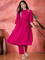 Pink Viscose Rayon Knee Length Round Neck Kurta set for Women - SanskrutiHomes