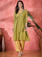 Green Viscose Calf Length V-Neck Kurta set for Women - SanskrutiHomes