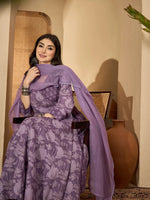 Purple Printed V-Neck Pure Cotton Kurta Set for Women - SanskrutiHomes