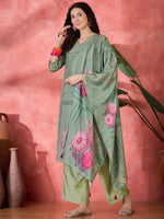 Green Art Silk V-Neck Floral Kurta Set for Women - SanskrutiHomes