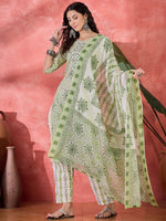 Green Pure Cotton Round Neck Floral Kurta Set for Women - SanskrutiHomes