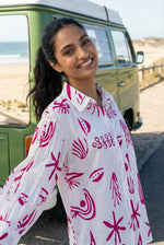 White Abstract Print Shirt Collar Cotton Top for Women - SanskrutiHomes