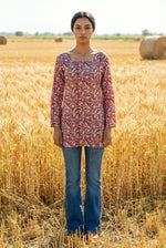 Red Floral Print Square Neck Full Sleeve Cotton Top for Women - SanskrutiHomes