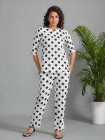 White Viscose Rayon Printed Round Neck night suit for women - SanskrutiHomes