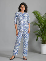 Navy Blue Viscose Rayon Printed Round Neck night suit for women - SanskrutiHomes