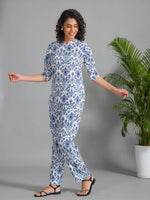 Navy Blue Viscose Rayon Printed Round Neck night suit for women - SanskrutiHomes