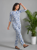 Navy Blue Viscose Rayon Printed Round Neck night suit for women - SanskrutiHomes