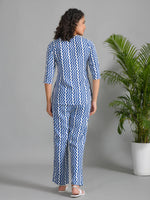 Navy Blue Viscose Rayon Printed Round Neck Night Suit Set - SanskrutiHomes