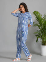 Navy Blue Viscose Rayon Printed Round Neck Night Suit Set - SanskrutiHomes