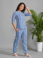 Navy Blue Viscose Rayon Printed Round Neck Night Suit Set - SanskrutiHomes