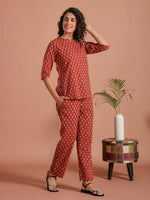 Red Floral Printed Cotton Night Suit Set - SanskrutiHomes